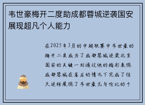 韦世豪梅开二度助成都蓉城逆袭国安展现超凡个人能力